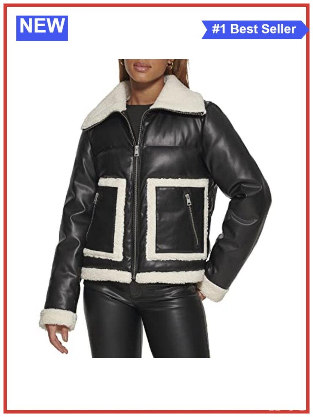 Faux Leather Quilted Puffer Jacket Long Sleeve Zip Up Coat